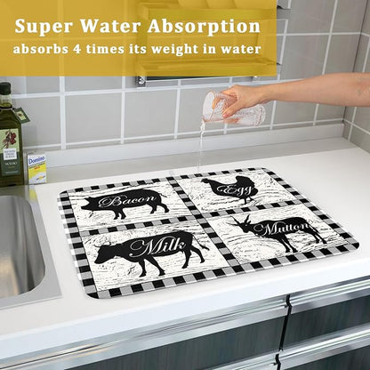 Farmhouse Animal Dish Drying Mat Buffalo Plaid Drainer Rack Mats Fast Dry Absorbent Kitchen Countertop Protector Dishes Pad 18x24 Inch