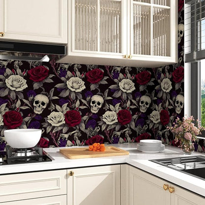 Skull Wallpaper Peel and Stick, Gothic Dark Purple/Red Rose Floral Contact Paper, Vintage Botanical Wall Paper Self Adhesive Removable Waterproof for Bedroom Shelves Cabinet Drawer Table 17.5" x 118"