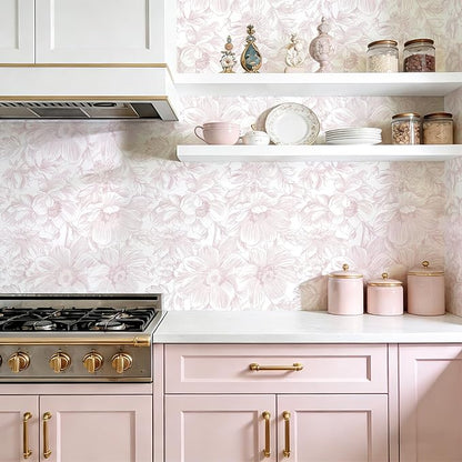 Floral Peel and Stick Wallpaper - Pink White Removable Self adhesive Wall Paper for Decor Walls Bathroom,Bedroom - Boho Flower Waterproof Modern Contact Paper for Cabinets and Drawers, 17.3"×118"