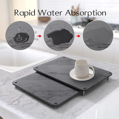 2-Pack Marble Dish Drying Mats for Kitchen Counter, Diatomaceous Earth (Diatomite) Quick-Dry Sink Countertop Pads for Dishes & Utensils, Non-Slip, Easy to Clean,Grey