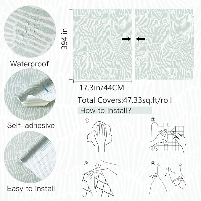 Guvana Green Wallpaper Peel and Stick Modern Sage Green and White Contact Paper Coastal Tropical Wallpaper Boho Striped Removable Waterproof Wall Paper for Bathroom Laundry Room Accent Wall 17.3"×394"