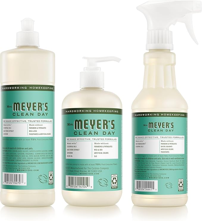MRS. MEYER'S CLEAN DAY Kitchen Basics Set, Basil Scent Cleaning Supplies includes Hand Soap (12.5 Fl Oz), Dish Soap (16 Fl Oz) and Multi-Surface Cleaner (16 Fl Oz)