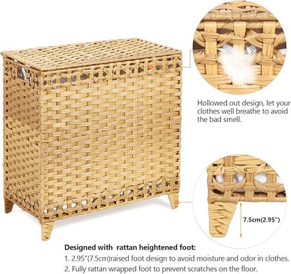 Laundry Hamper with 3 Removable Liner Bags; 132L Handwoven Rattan Laundry Basket with Lid & Heightened Feet; Clothes Hamper with Side Handles; Laundry Sorter with 3 Separate Sections (Natural)