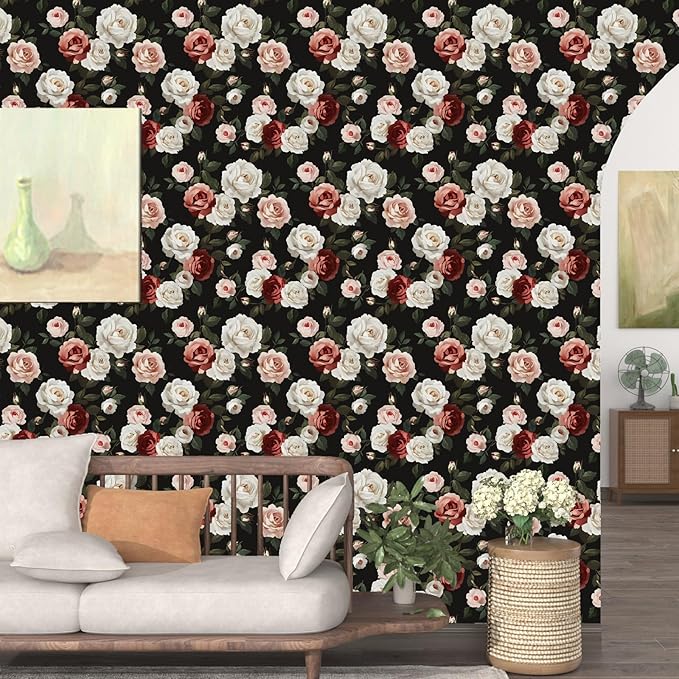 Fvlow Black Floral Wallpaper Peel and Stick 17.4" x 394" Pink Rose Removable Contact Paper Dark Flower Vintage Garden Pattern Covering for Bedroom Cabinet Bathroom Moody Home Decor Black Color