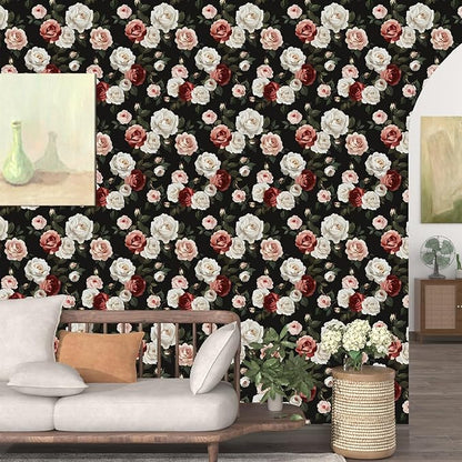 Fvlow Black Floral Wallpaper Peel and Stick 17.4" x 394" Pink Rose Removable Contact Paper Dark Flower Vintage Garden Pattern Covering for Bedroom Cabinet Bathroom Moody Home Decor Black Color