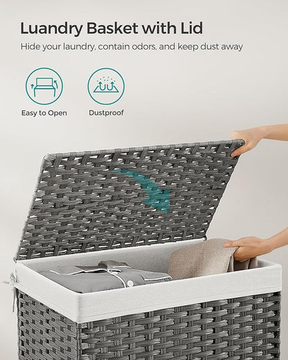SONGMICS Storage Basket with Lid, Woven Blanket Storage Bin with Handles, Foldable, Removable Liner, Metal Frame, for Bedroom, Laundry Room, 27.7 Gallons (105 L), Gray URST066G01