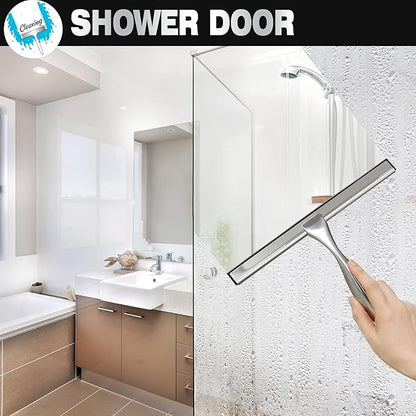 NETANY Shower Squeegee, 12-Inch Silver Squeegee, All-Purpose Stainless Steel Squeegee for Bathroom, Shower Doors, Mirrors, Tiles and Car Windows - 100% Streak Free