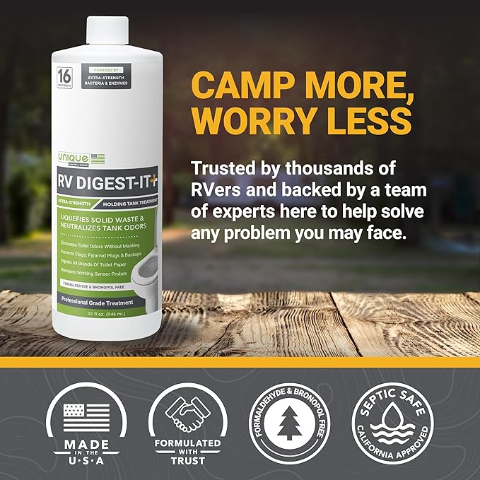 Unique RV Digest-It+, 16 Extra-Strength RV Toilet Treatments - Liquifies Waste and Toilet Paper - Odor Eliminator (32 oz)