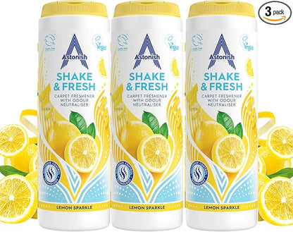 Astonish 350g Shake Fresh Lemon Sparkle Carpet Powder Odor Remover, 3 Pack - Pet Smell Deodorizer, Vacuum Safe Citrus Scent, Dry Floor Cleaner, Room Refresher, Home Fragrance, Easy to Use Powder