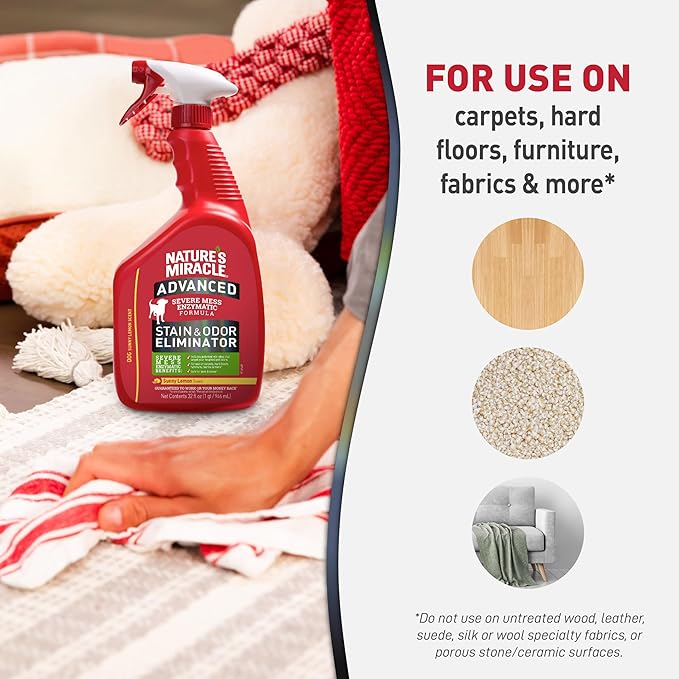 Nature’s Miracle Advanced Stain & Odor Eliminator, 32 Ounces, Sunny Lemon Scent, Severe Mess Enzymatic Formula For Tough Pet Messes