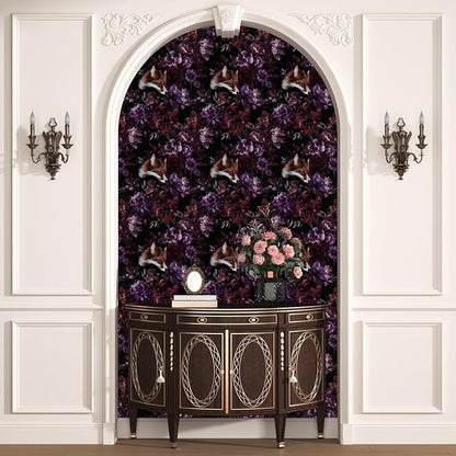 Fox Floral Animal Wallpaper Peel and Stick, Dark Purple/Red Goth Contact Paper, Black Vintage Gothic Wall Paper Self Adhesive Removable Waterproof for Bedroom Shelf Cabinet Drawer Table 17.5" x 118"