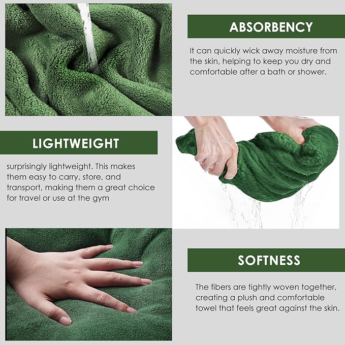 GraceAier Microfiber Bath Towels 4 Pack, 28x56 Inch Coral Velvet Quick Dry Towel Set, Highly Absorbent, Ultra Soft & Lint-Free for Bathroom, Gym, Travel and Swim-Green