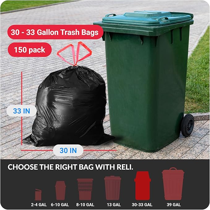 Reli. 30 Gallon Trash Bags Drawstring | 150 Count | Black | 30 Gallon Garbage Bags Heavy Duty | Large 30 Gal