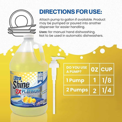Ultra Shine™ 4 Pack 2X Platinum™ Dish Cleaning Liquid, Lemon Scent, 1 Gallon, Yellow - Powerful Grease Remover Dishwashing Soap