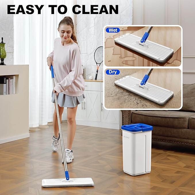 Mop and Bucket Set, Mops for Floor Cleaning with Long Handle, Squeeze Flat Mop and Bucket System, Dry & Wet Dust Mop for Household Floor Cleaning with 5 Microfiber Mops, Slate Blue