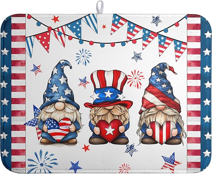 4th of July Gnomes Dish Drying Mat Patriotic Gnome Large Kitchen Mat Dish Drying Pad Absorbent Dish Dryer Mat for Kitchen Countertops Microfiber Drainer Pad Dish Drying Rack Mat (18x24 in)
