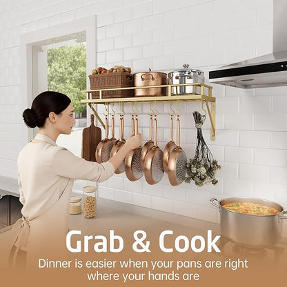 KES 30-Inch Gold Pot Rack, Wall Mounted Hanging Pot and Pan Organizer with 12 Sturdy Hooks, Elegant Modern Kitchen Wall Hanger Shelves, KUR215S75A-GD