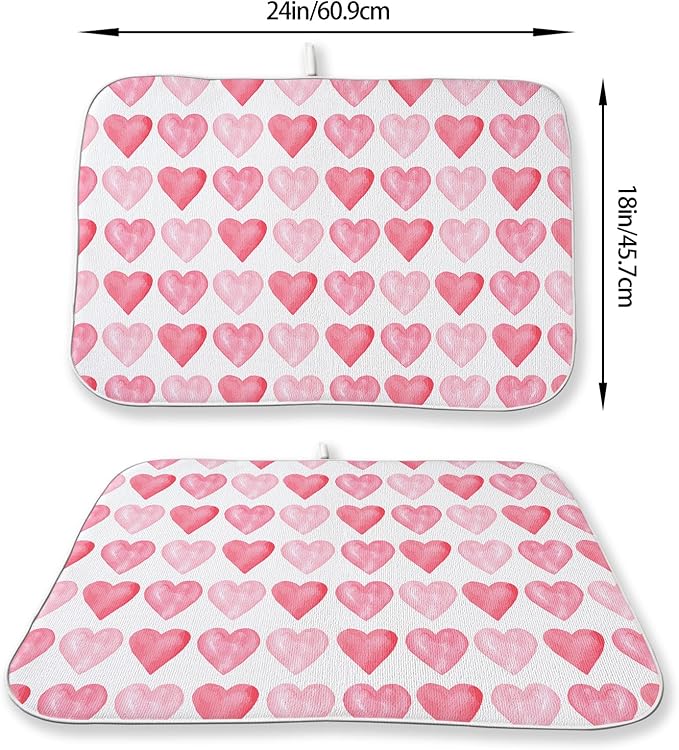 Valentines Day Dish Drying Mats 18x24 Inch Love Pink Heart Drying Mats Anniversary Mother's Day Holiday Valentines Decorations Absorbent Drying Dish Mats for Kitchen Dining Room Counter Decor