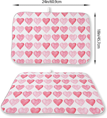 Valentines Day Dish Drying Mats 18x24 Inch Love Pink Heart Drying Mats Anniversary Mother's Day Holiday Valentines Decorations Absorbent Drying Dish Mats for Kitchen Dining Room Counter Decor
