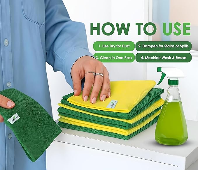 Microfiber Cleaning Cloths 16"x16" - Ultra Absorbent Cleaning Rags for Housekeeping - Reusable Microfiber Towels in Yellow and Green - Detailing Supplies for Kitchen Car Windows 5 Pack