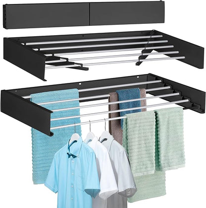 FOCHIER F Laundry Drying Rack Wall Mounted Clothes Drying Rack Collapsible with 5 Aluminum Rods and Drilling Template Long Screwdriver Bit 60 lbs Capacity (Black, 31.5")