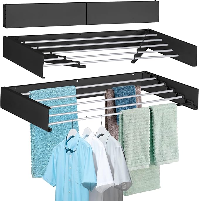 FOCHIER F Laundry Drying Rack Wall Mounted Clothes Drying Rack Collapsible with 5 Aluminum Rods and Drilling Template Long Screwdriver Bit 60 lbs Capacity (Black, 23.6“)