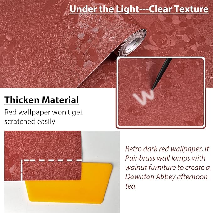Dark Red Peel and Stick Wallpaper Textured Embossed Floral Contact Paper Peel and Stick 393inL78.7inW Retro Crimson Red Flower Self Adhesive Removable Wallpaper for Bathroom Waterproof Thicken