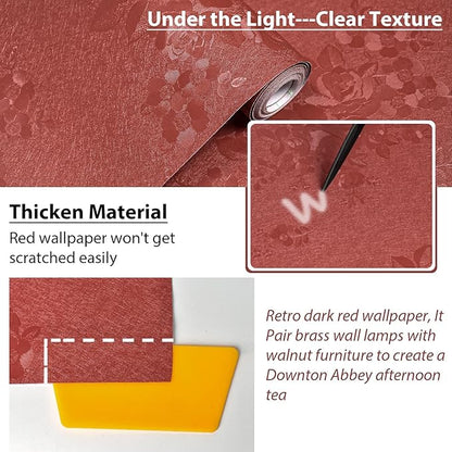 Dark Red Peel and Stick Wallpaper Textured Embossed Floral Contact Paper Peel and Stick 118inL78.7inW Retro Crimson Red Flower Self Adhesive Removable Wallpaper for Bathroom Waterproof Thicken