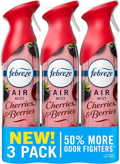 Febreze Air Mist, Air Freshener Spray, Odor Fighting Room Spray, Deodorizer for Home Bathroom Kitchen Office Apartment Dorm Room Classroom, Cherries & Berries Scent, 8.1oz (Pack of 3)