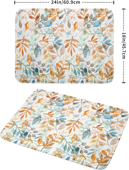 Fall Eucalyptus Leaf Dish Drying Mat 18 x 24 Inch With Absorbent Reversible Microfiber Orange Blue Leaves Autumn Drying Mats Thanksgiving Dish Drainer Mat Fast Dry For Kitchen Dining Room Decoration