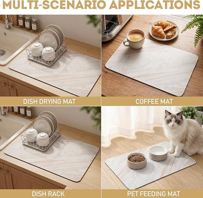 LemonRoad Dish Drying Mat for Kitchen Counter, 12"x20" Absorbent Coffee Bar Mat with Marble Texture Design, Fast-dry Diatomite Drainer Drying Mats with Non-slip Backing for Kitchen Sink Countertop