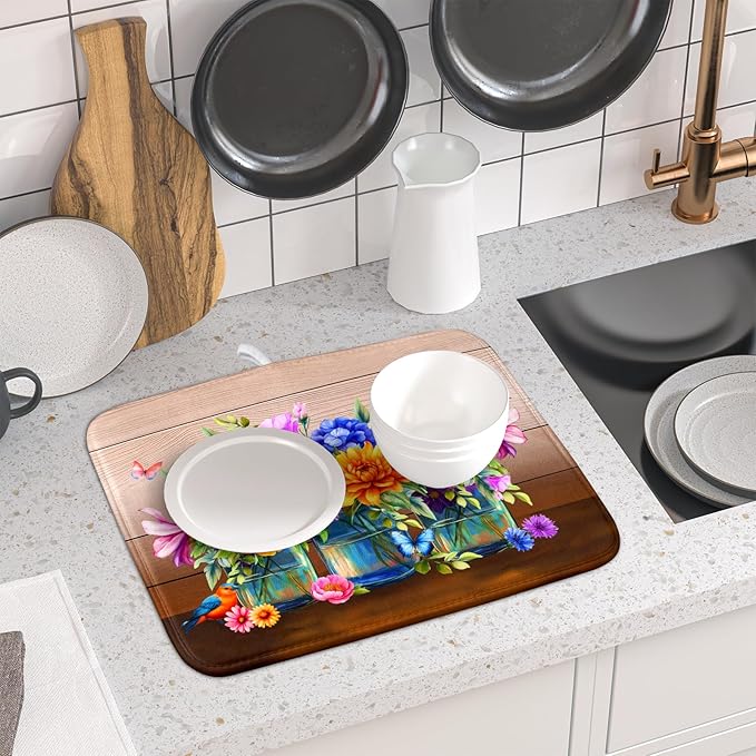 Colorful Flowers Dish Drying Mat for Kitchen Counter 16x18in Spring Flower Vases Dish Mat Drying Kitchen Mat Absorbent Microfiber Dish Drainer Rack Mats Botanical Floral Dishes Pad for Countertops
