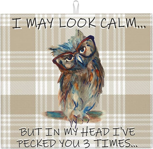 Funny Owl Dish Drying Mat for Kitchen Counter Cute Buffalo Plaid Drying Mat Washable Absorbent Reversible Microfiber Drying Pad Kitchen Accessories 16"x18"