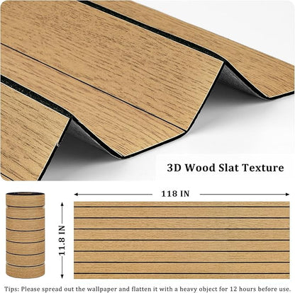 Brown Peel and Stick Wood Panels 3D Textured Acoustic Faux Wood Wall Slat Panel Self Adhesive Soundproof Walnut Wooden Slatted Panel Wallpaper for Bedroom Ceiling Office Studio 11.8"x118"