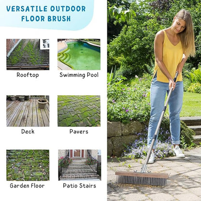 Stainless Steel Wire Scrub Brush with Long Handle for Deck, Concrete, Patio Floor Cleaning, 59'' Heavy Duty Stiff Metal Bristle Scrubber Broom for Outdoor Moss Removal