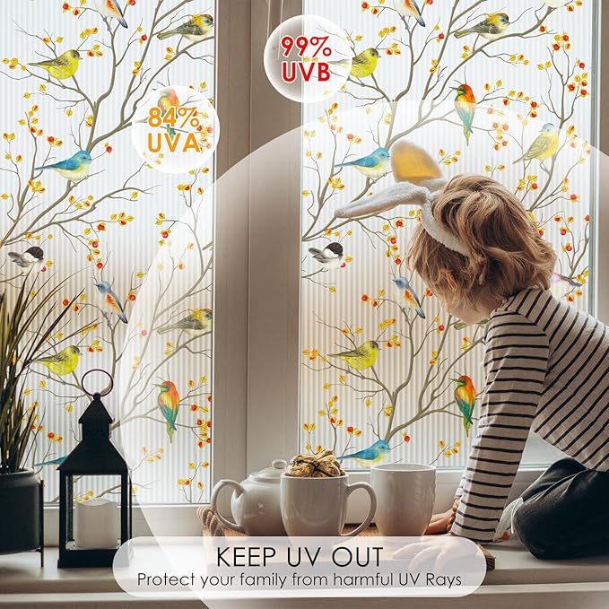 DKTIE Reeded Glass Window Film Seamless Pattern with Colored Birds Bathroom Window Privacy Film Waterproof Easy to Install Renter Friendly (S3533R, 35.4in X 78.7in)