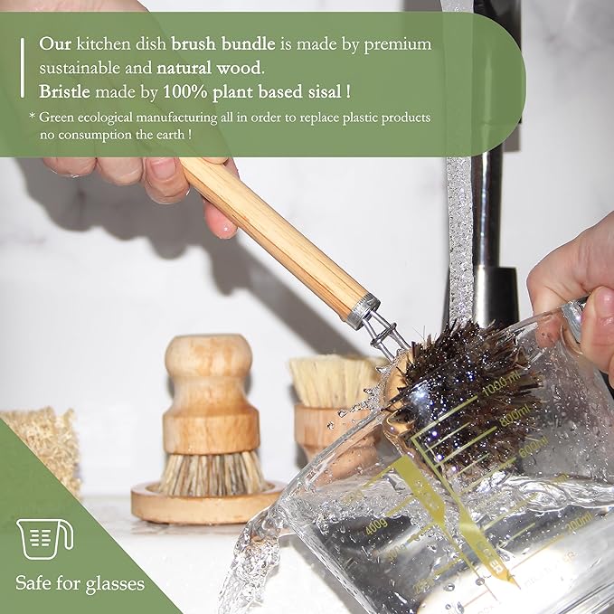 Dish Brush Set with Wooden Handle | Nautral & Bamboo Fibers Plastic Free | Pot Brush Scourer Scrubber ~ 5 Pcs Kitchen Dish Cleaning Tools - Makes Dish Cleaning Easy