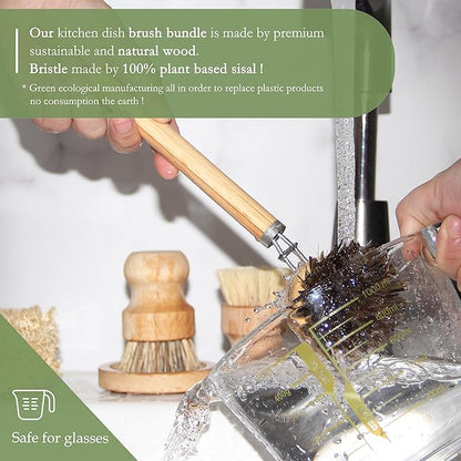 Dish Brush Set with Wooden Handle | Nautral & Bamboo Fibers Plastic Free | Pot Brush Scourer Scrubber ~ 5 Pcs Kitchen Dish Cleaning Tools - Makes Dish Cleaning Easy