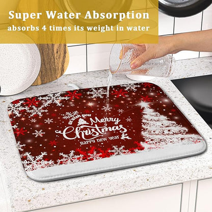 Happy New Year Red Dish Drying Mat for Kitchen Counter,Merry Christmas Tree Snowflake Drying Mat 16 x 18 Inch with High Absorbent Reversible Microfiber Dish Drying Pad Drainer Mat for Coffee Bar