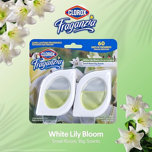 Clorox Fraganzia Small Rooms Air Freshener, White Lily Bloom Scent - Peel & Place Air Freshener, No-Plug, Battery-Free for Closets, Laundry Room, Entry Way, Bathroom, Locker, 0.25 Fl Oz Each, 2 Count