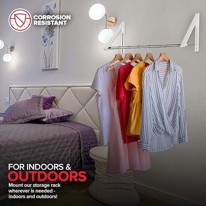 Double Foldable Clothing Rack w/Extension Rod, Wall-Mounted Retractable Clothes Hanger for Laundry Dryer Room, Hanging Drying Rod, Small Collapsible Folding Garment Racks, Dorm Accessories (White)