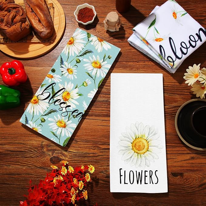 Zubebe 6 Pcs Daisy Kitchen Towels 18 x 28 Inch Spring Daisy Dish Towels Decorative Absorbent Dishcloths for Farmhouse Kitchen Bathroom Decorations, Seasonal Decor Gifts