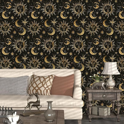 Laatse Black Peel and Stick Removable Vintage Wallpaper Gold Celestial Sun Moon Star Contact Paper 17.5" x 118" Dark Boho Mural Waterproof for Wall Bedroom Kitchen Bathroom Cabinet Room Decor
