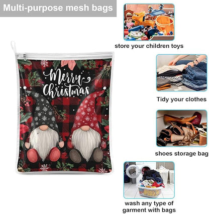 Mesh Laundry Bags Lingerie Bags for Washing Delicates 2 PCS Durable Wash Bag with Zipper Small and Medium Washable Red Black Checkered Christmas Gnomes Holly