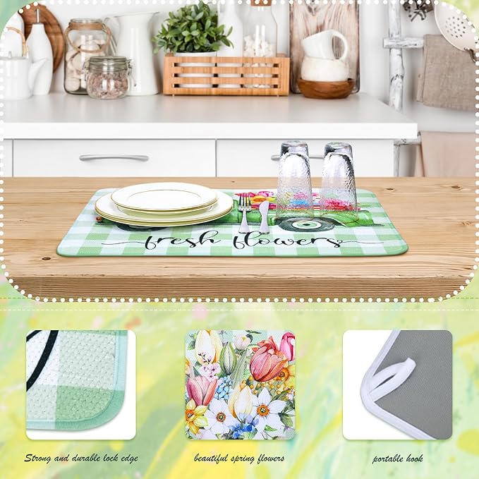 SiliFine 2 Pcs Dish Drying Mat for Kitchen, Spring Floral Absorbent Microfiber Dish Mat Counter 18 x 24 Inch Truck Flower Leaves Draining Green Drying Reusable Washable Pad