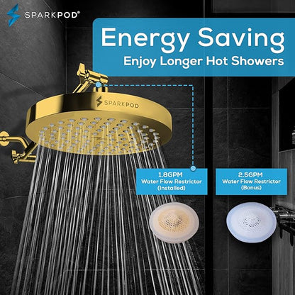 SparkPod Shower Head - High Pressure Rain - Premium Quality Luxury Design - Easy Clean Adjustable Replacement for Your Bathroom Shower Heads (Egyptian Gold, 8 Inch Round)