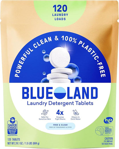 BLUELAND Laundry Detergent Tablets, 120 Count, Plastic-Free Eco-Friendly Pods, Sheets, Liquid Alternative - Fragrance Free and Clear, Natural, Gentle