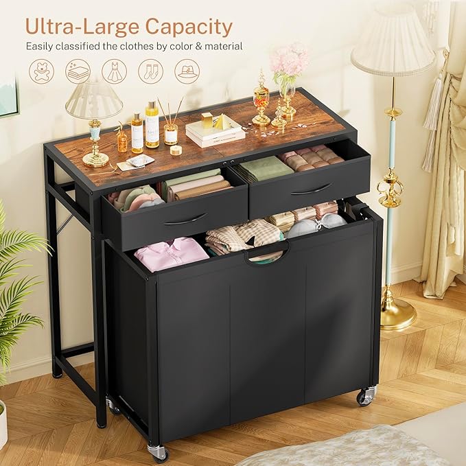 Laundry Sorter, Rolling Laundry Hamper with 3 Section Pull-Out Bags, Laundry Basket Organizer with 2 Drawers & 2-Tone Top Panel, Laundry Hamper with Wheels for Laundry Room Organization, Bathroom