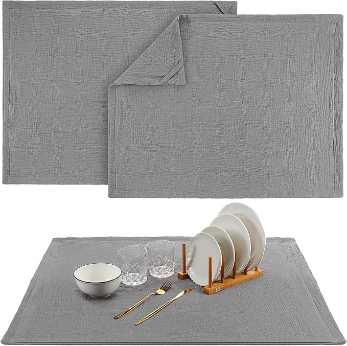 HunnmingRe 2 Pcs Extra Large Dish Drying Mats for Kitchen Counter28 x 24 100% Cotton Gray Pad Thick Highly Absorbent Mats Muslin Gauze Quick Drying Dishes Drainer Pad for Sinks Draining Racks
