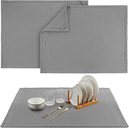 HunnmingRe 2 Pcs Extra Large Dish Drying Mats for Kitchen Counter28 x 24 100% Cotton Gray Pad Thick Highly Absorbent Mats Muslin Gauze Quick Drying Dishes Drainer Pad for Sinks Draining Racks